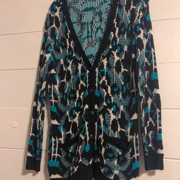Lush Sweaters - Lush patterned teal and black sweater